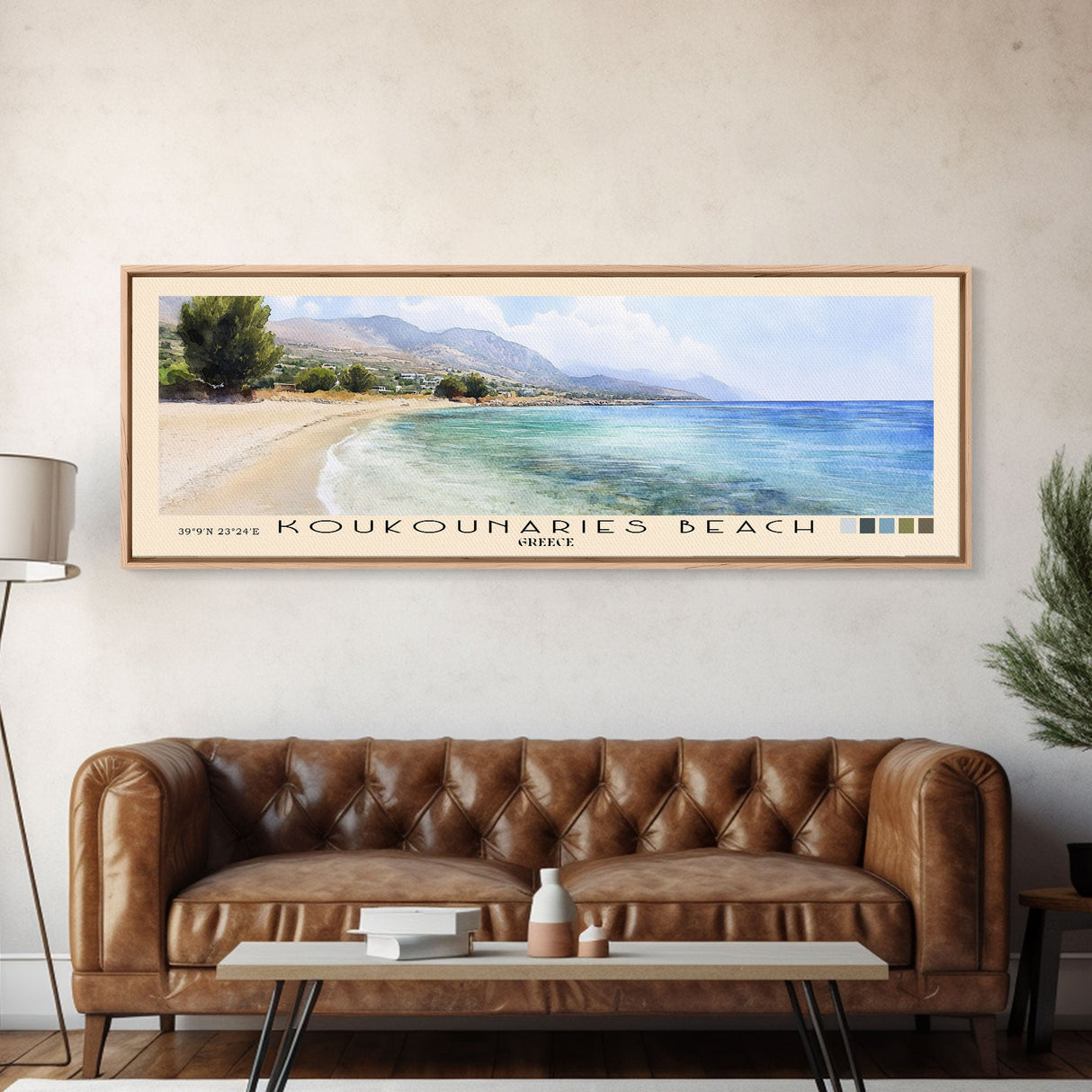 Koukounaries Beach, Greece Watercolor Beach Print, Vacation Gift, Greece Wall Art, Framed Canvas Print, Framed Beach Painting