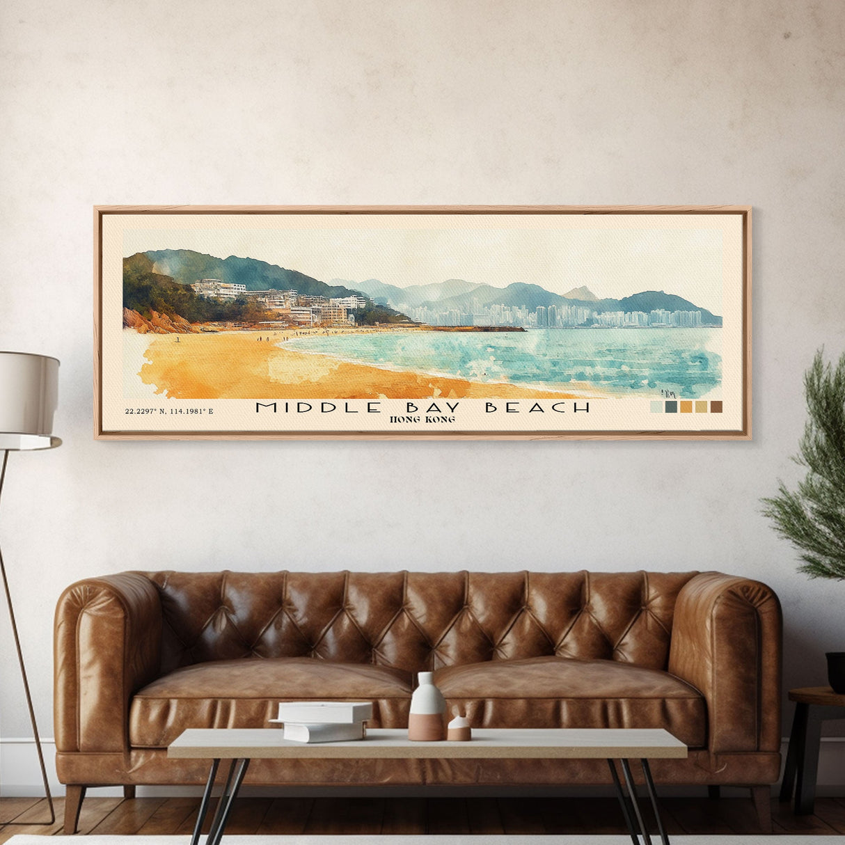 Middle Bay Beach, Hong Kong Watercolor Print, Vacation Gift, Hong Kong Wall Art, Beach Painting, Beach Decor, Large Wall Art, Wood Frame Art