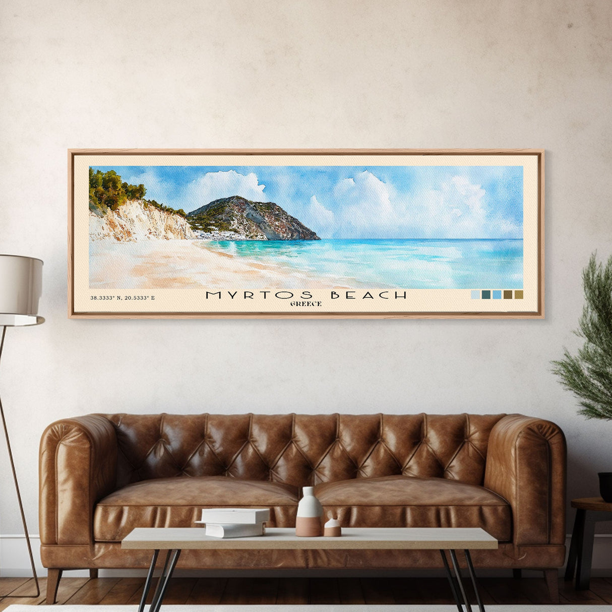 Myrtos Beach, Greece Watercolor Print, Vacation Gift, Greece Wall Art, Beach Painting, Beach Decor, Large Wall Art, Wood Frame Art