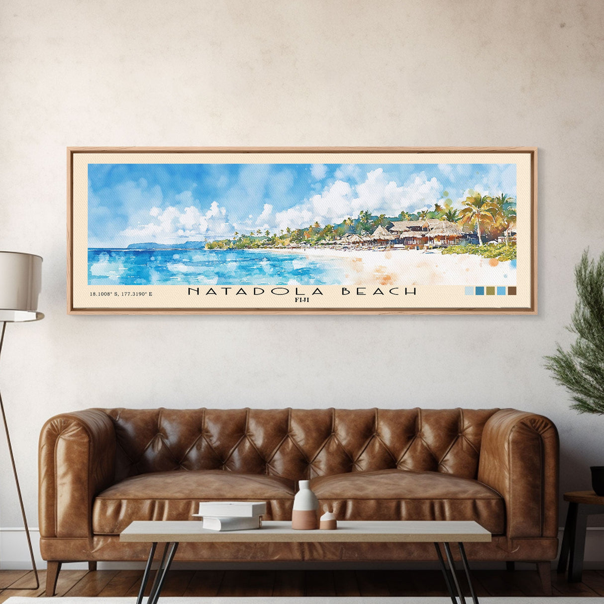 Natadola Beach, Fiji Watercolor Beach Print, Vacation Gift, Fiji Wall Art, Framed Canvas Print, Framed Beach Painting