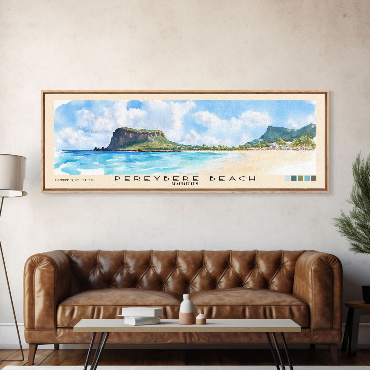 Pereybere Beach, Mauritius Watercolor Beach Print, Vacation Gift, Mauritius Wall Art, Framed Canvas Print, Framed Beach Painting