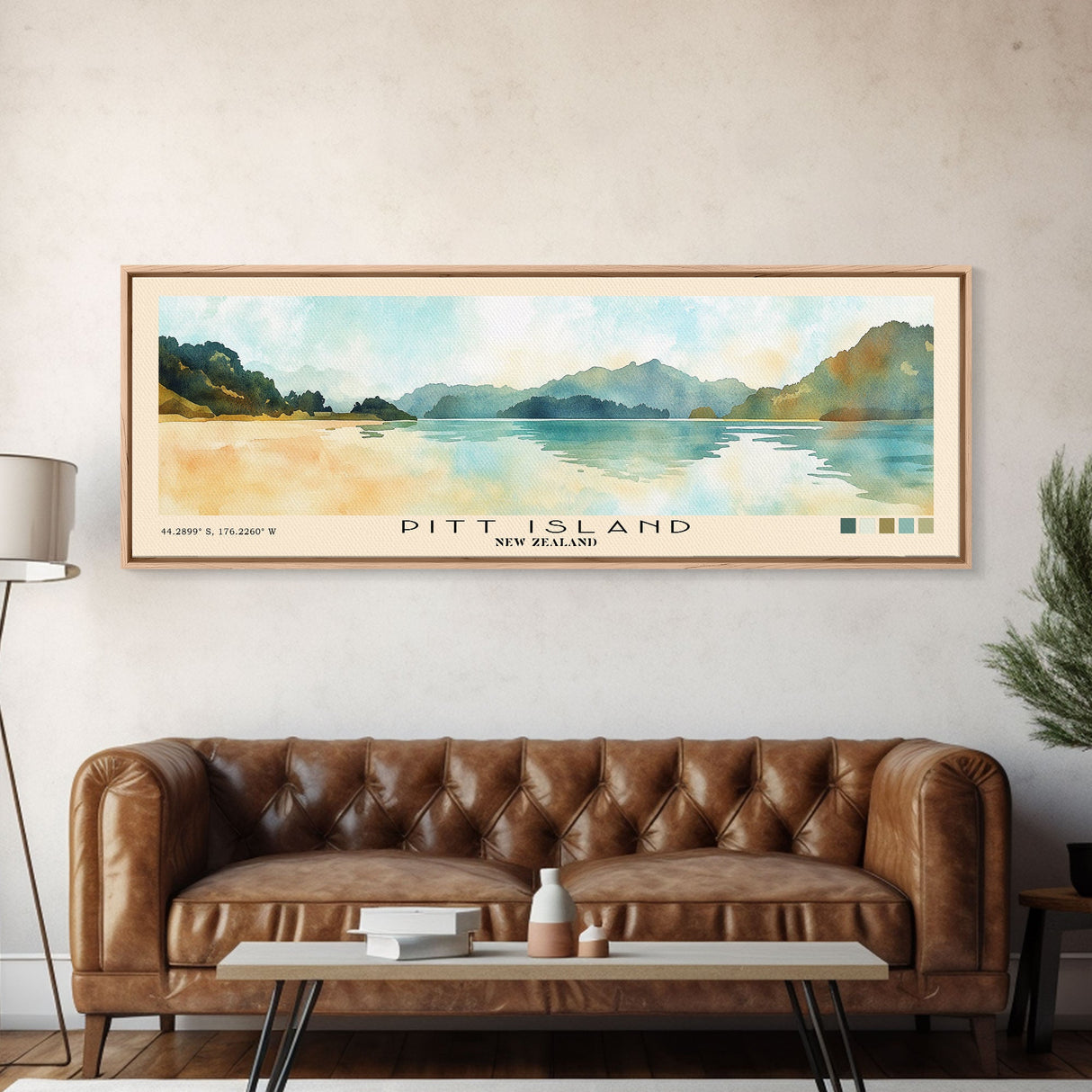 Pitt Island, New Zealand Watercolor Beach Print, Vacation Gift, New Zealand Wall Art, Framed Canvas Print, Framed Beach Painting