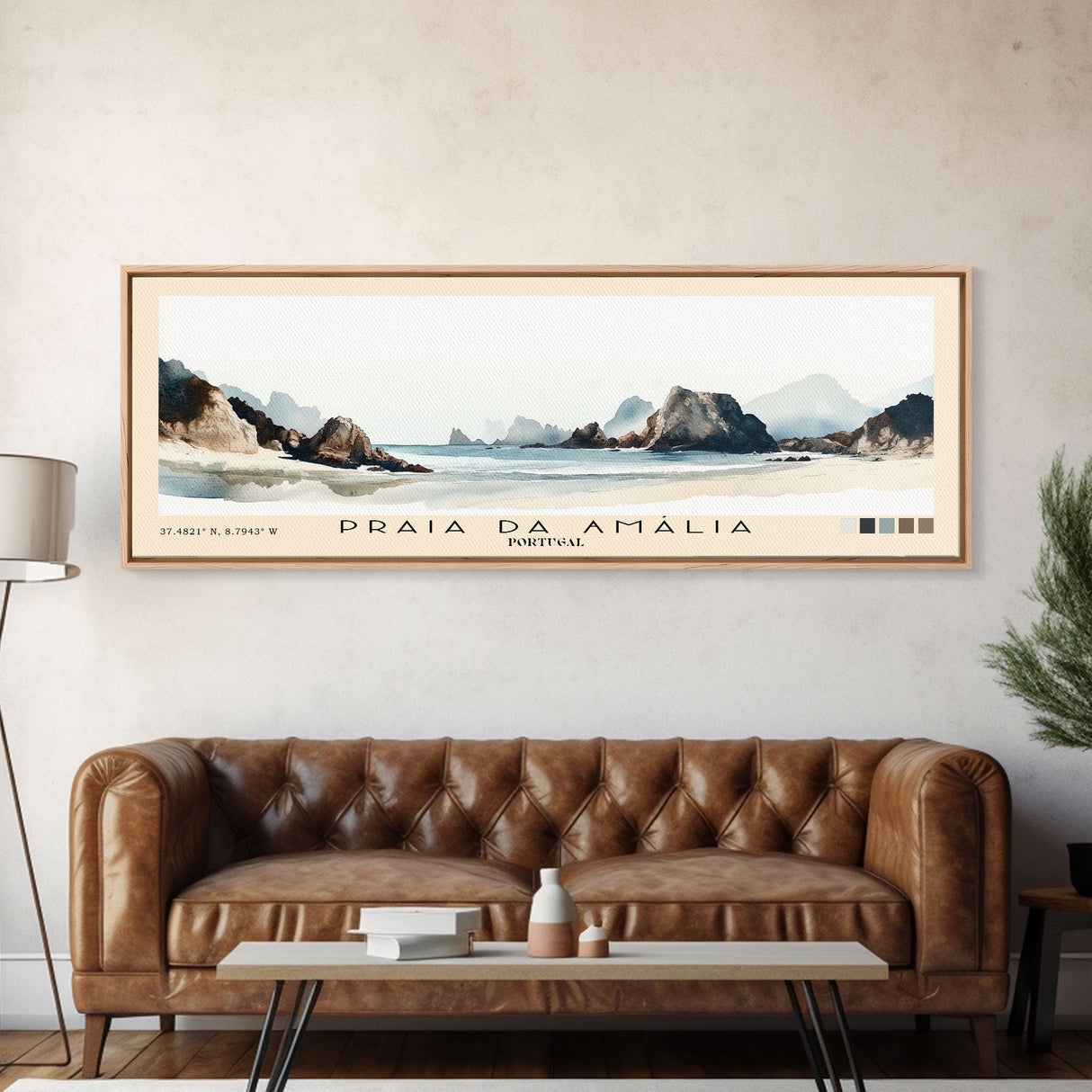 Praia da Amália, Portugal Watercolor Beach Print, Vacation Gift, Portugal Wall Art, Framed Canvas Print, Framed Beach Painting