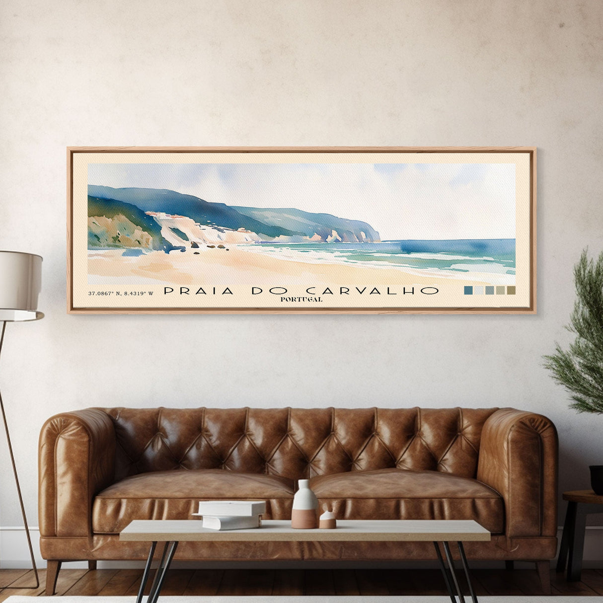 Praia do Carvalho, Portugal Watercolor Beach Print, Vacation Gift, Portugal Wall Art, Framed Canvas Print, Framed Beach Painting