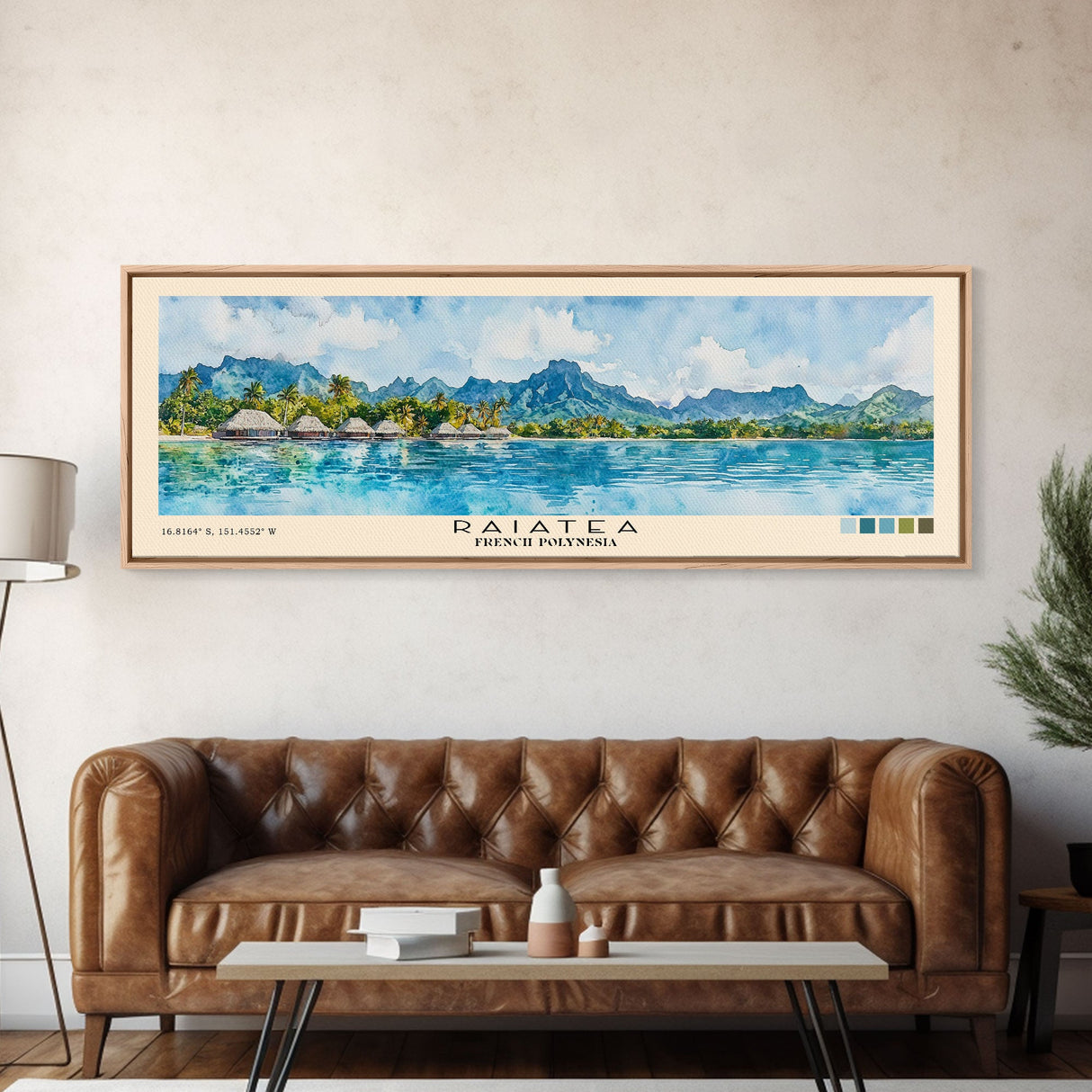 Raiatea, French Polynesia Watercolor Beach Print, Vacation Gift, French Polynesia Wall Art, Framed Canvas Print, Framed Beach Painting