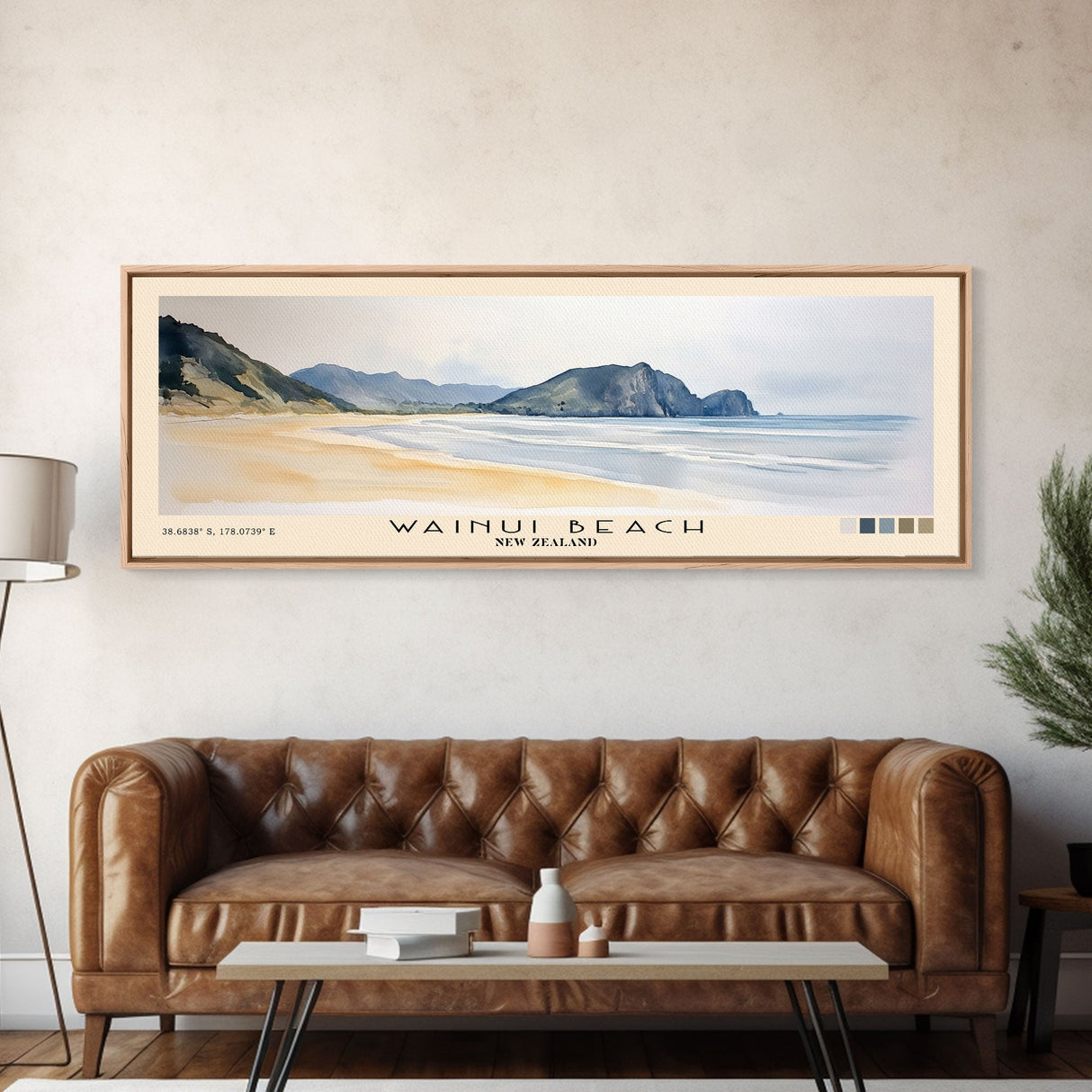 Wainui Beach, New Zealand Watercolor Print, Vacation Gift, New Zealand Wall Art, Beach Painting, Beach Decor, Large Wall Art, Wood Frame Art