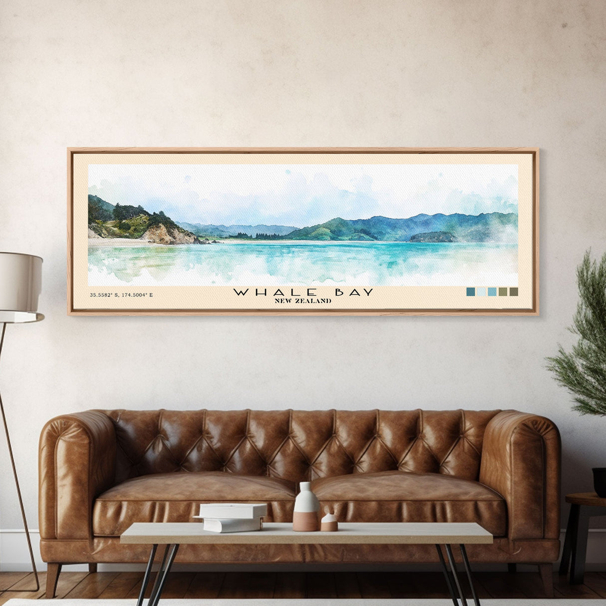 Whale Bay, New Zealand Watercolor Print, Vacation Gift, New Zealand Wall Art, Beach Painting, Beach Decor, Large Wall Art, Wood Frame Art