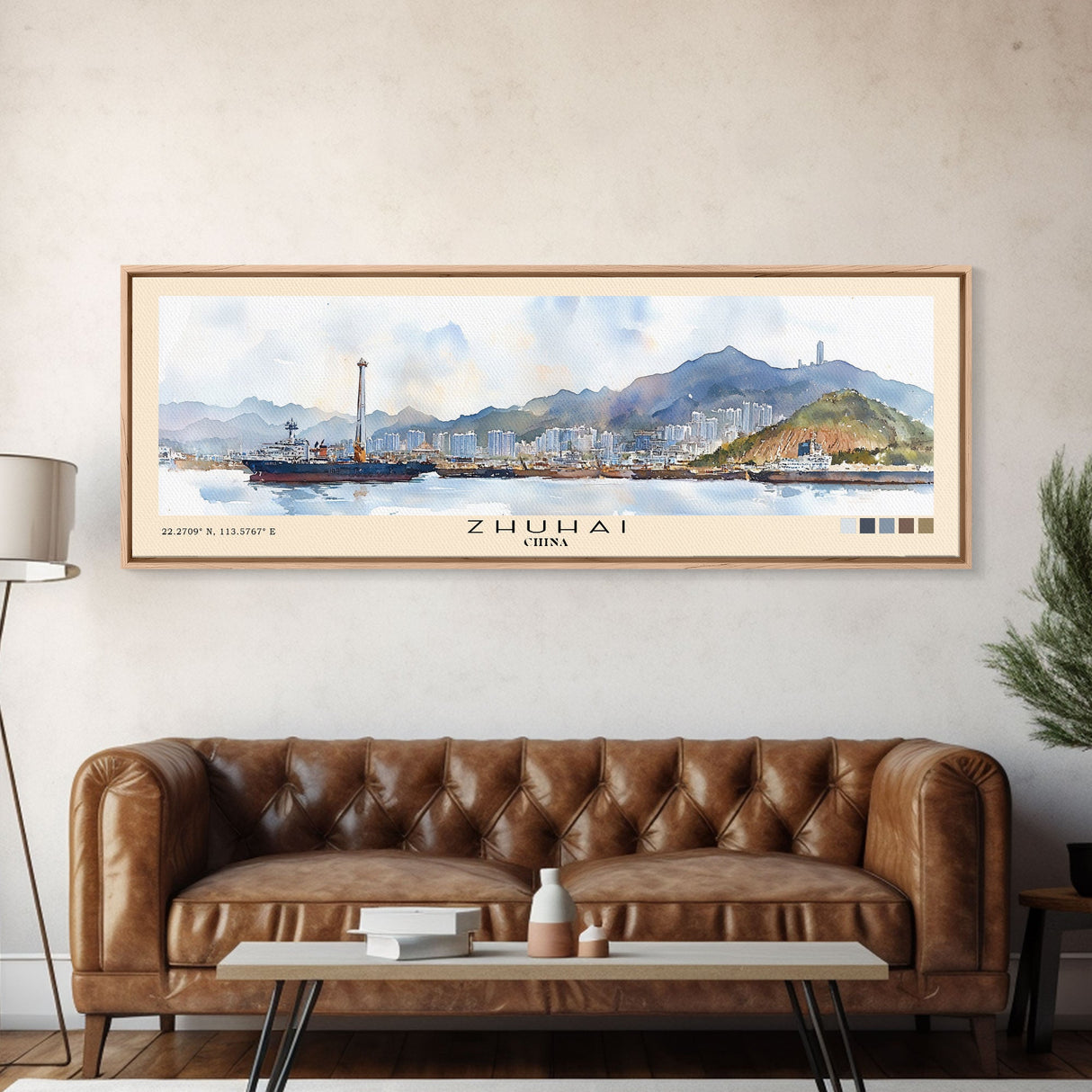 Zhuhai, China Watercolor Print, Vacation Gift, China Wall Art, Beach Painting, Beach Decor, Large Wall Art, Wood Frame Art