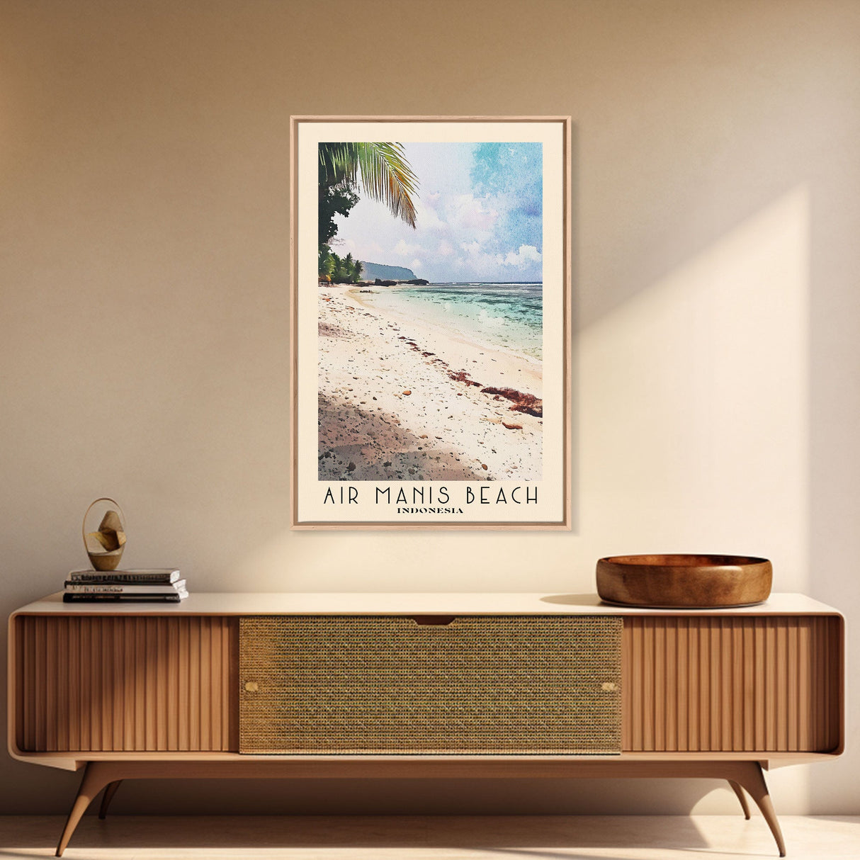 Air Manis Beach, Indonesia Watercolor Beach Print, Vacation Gift, Indonesia Wall Art, Framed Canvas Print, Framed Beach Painting