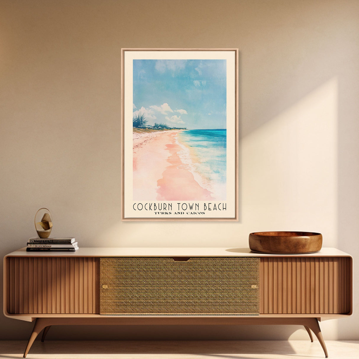 Cockburn Town Beach, Turks and Caicos Watercolor Beach Print, Vacation Gift, Turks and Caicos Wall Art, Framed Canvas Print, Framed Beach Painting