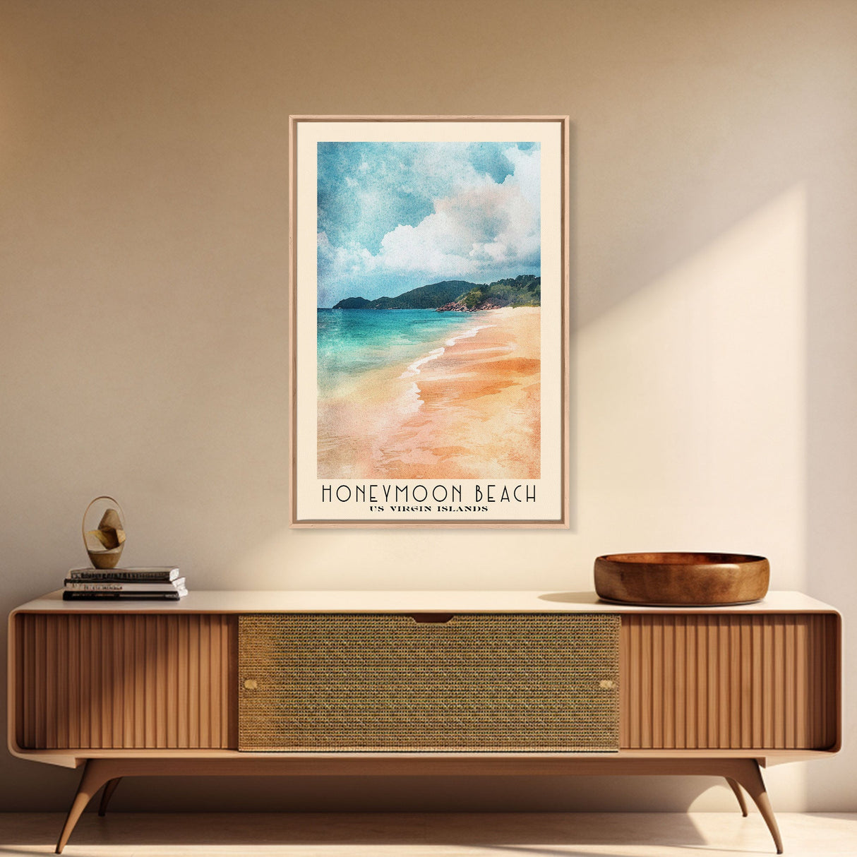 Honeymoon Beach, US Virgin islands Watercolor Beach Print, Vacation Gift, US Virgin islands Wall Art, Framed Canvas Print, Framed Beach Painting