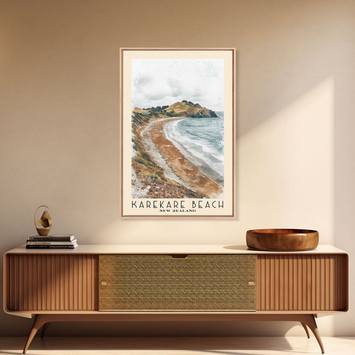 Karekare Beach, New Zealand Watercolor Beach Print, Vacation Gift, New Zealand Wall Art, Framed Canvas Print, Framed Beach Painting