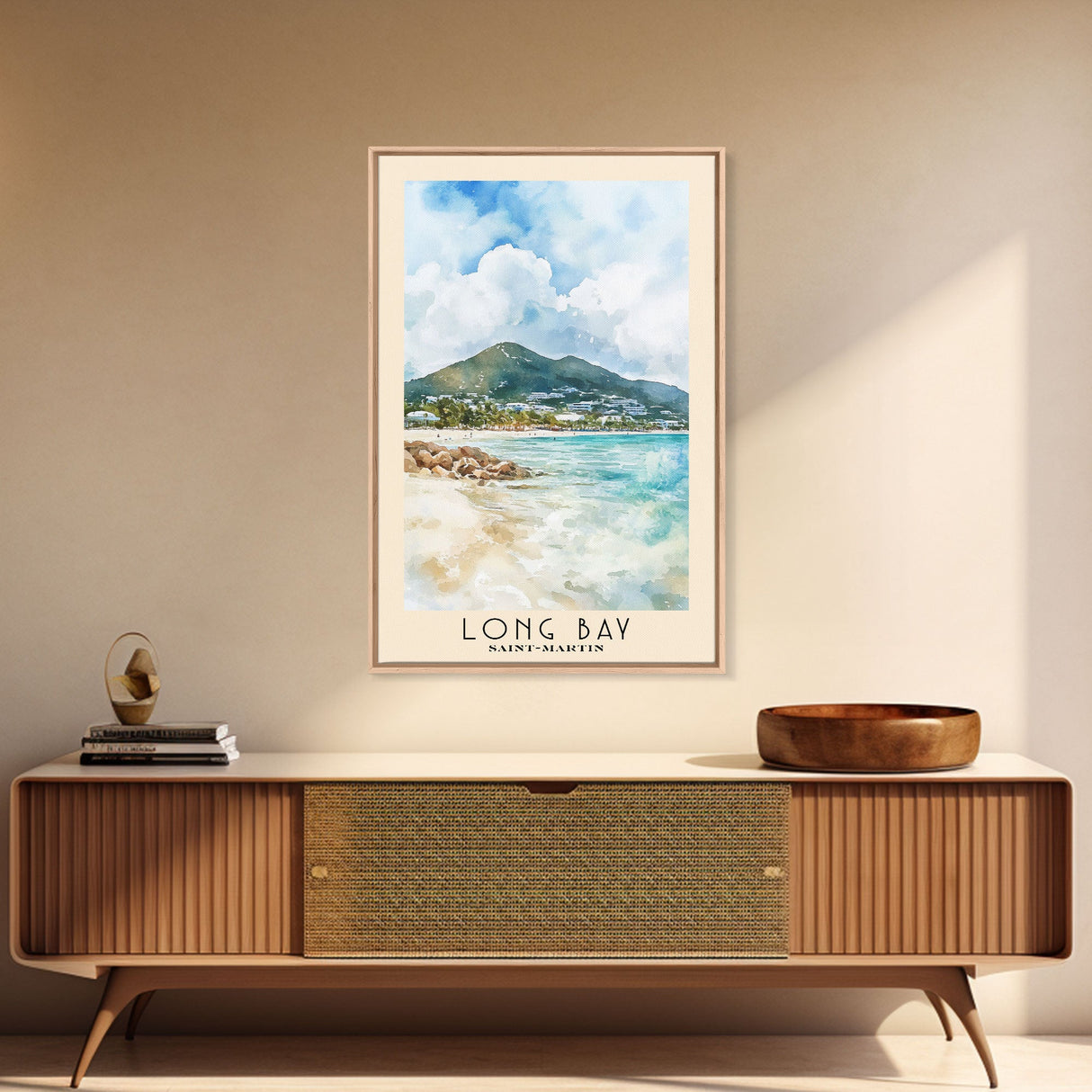 Long Bay, Saint-Martin Watercolor Print, Vacation Gift, Saint-Martin Wall Art, Beach Painting, Beach Decor, Large Wall Art, Wood Frame Art