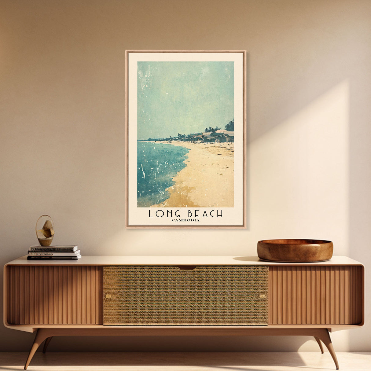 Long Beach, Cambodia Watercolor Beach Print, Vacation Gift, Cambodia Wall Art, Framed Canvas Print, Framed Beach Painting