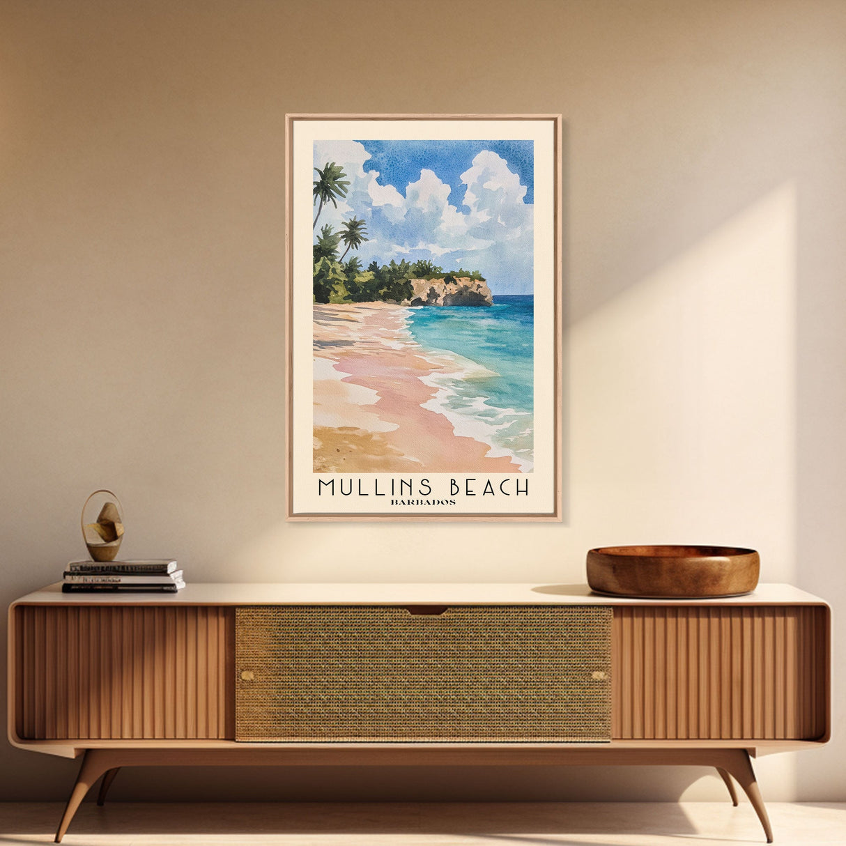 Mullins Beach, Barbados Watercolor Beach Print, Vacation Gift, Barbados Wall Art, Framed Canvas Print, Framed Beach Painting