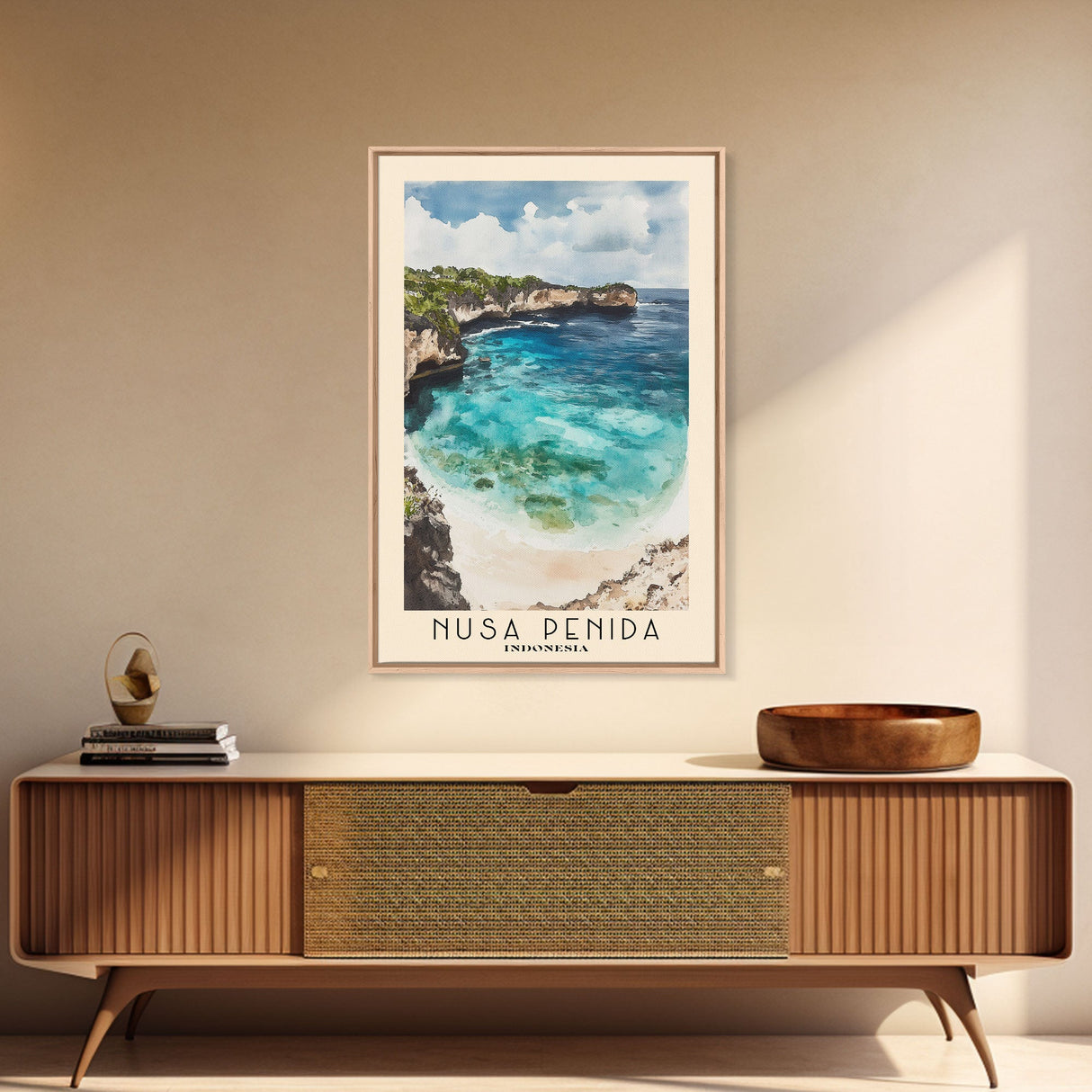 Nusa Penida, Indonesia Watercolor Beach Print, Vacation Gift, Indonesia Wall Art, Framed Canvas Print, Framed Beach Painting