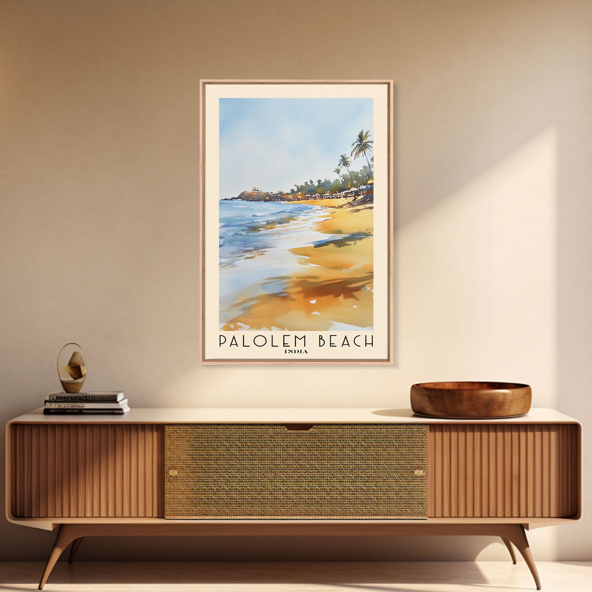 Palolem Beach, India Watercolor Beach Print, Vacation Gift, India Wall Art, Framed Canvas Print, Framed Beach Painting