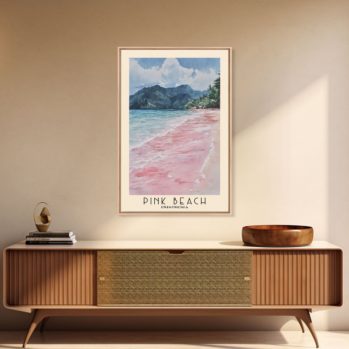 Pink Beach, Indonesia Watercolor Beach Print, Vacation Gift, Indonesia Wall Art, Beach Painting, Beach Decor, Beach Painting