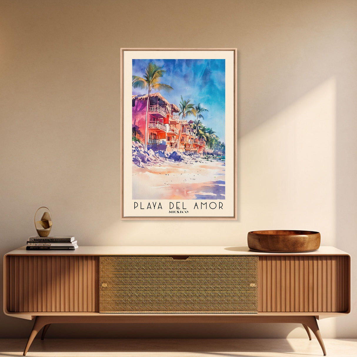 Playa del Amor, Mexico Watercolor Beach Print, Vacation Gift, Mexico Wall Art, Framed Canvas Print, Framed Beach Painting