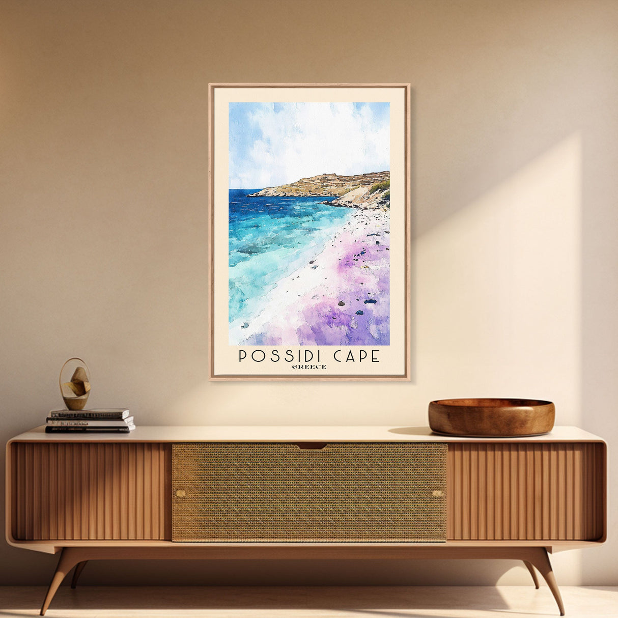 Possidi Cape, Greece Watercolor Beach Print, Vacation Gift, Greece Wall Art, Framed Canvas Print, Framed Beach Painting