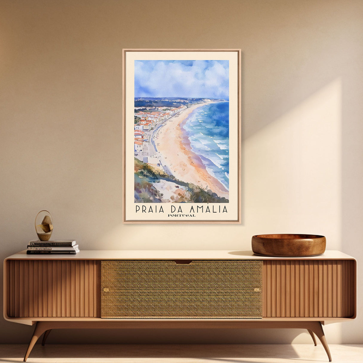 Praia da Amália, Portugal Watercolor Beach Print, Vacation Gift, Portugal Wall Art, Framed Canvas Print, Framed Beach Painting