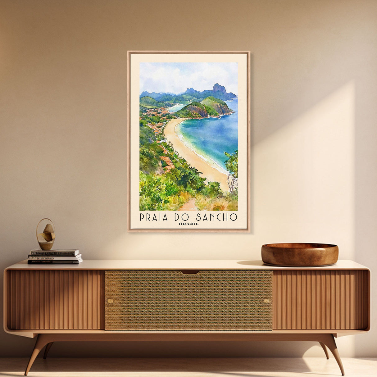 Praia do Sancho, Brazil Watercolor Beach Print, Vacation Gift, Brazil Wall Art, Framed Canvas Print, Framed Beach Painting