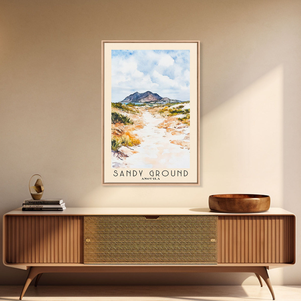 Sandy Ground, Anguila Watercolor Beach Print, Vacation Gift, Anguila Wall Art, Framed Canvas Print, Framed Beach Painting