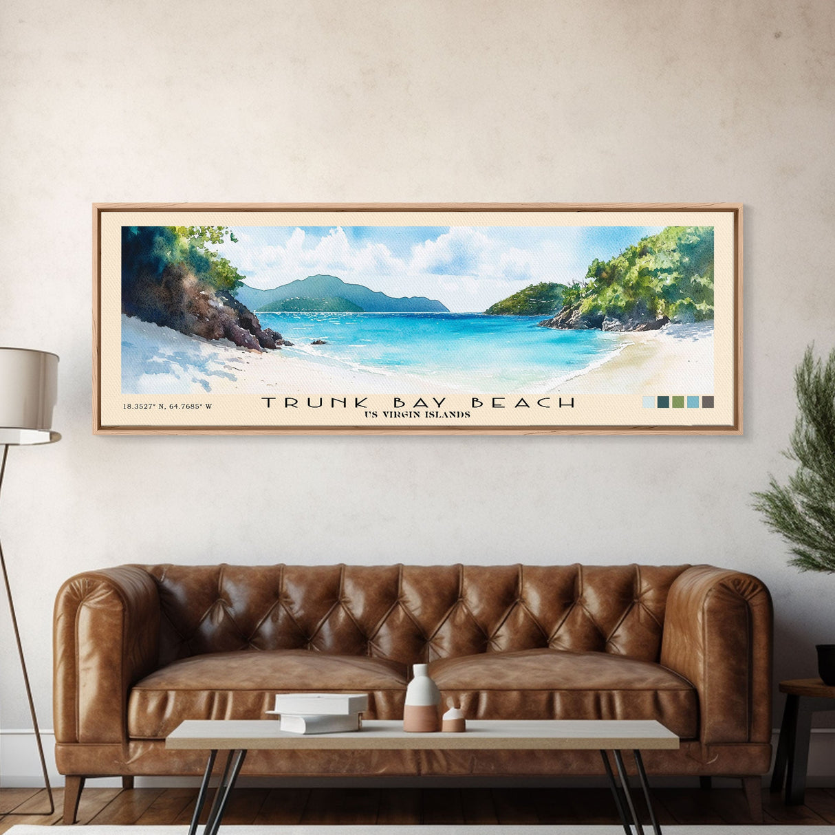 Trunk Bay Beach, US Virgin islands Watercolor Beach Print, Vacation Gift, US Virgin islands Wall Art, Framed Canvas Print, Framed Beach Painting