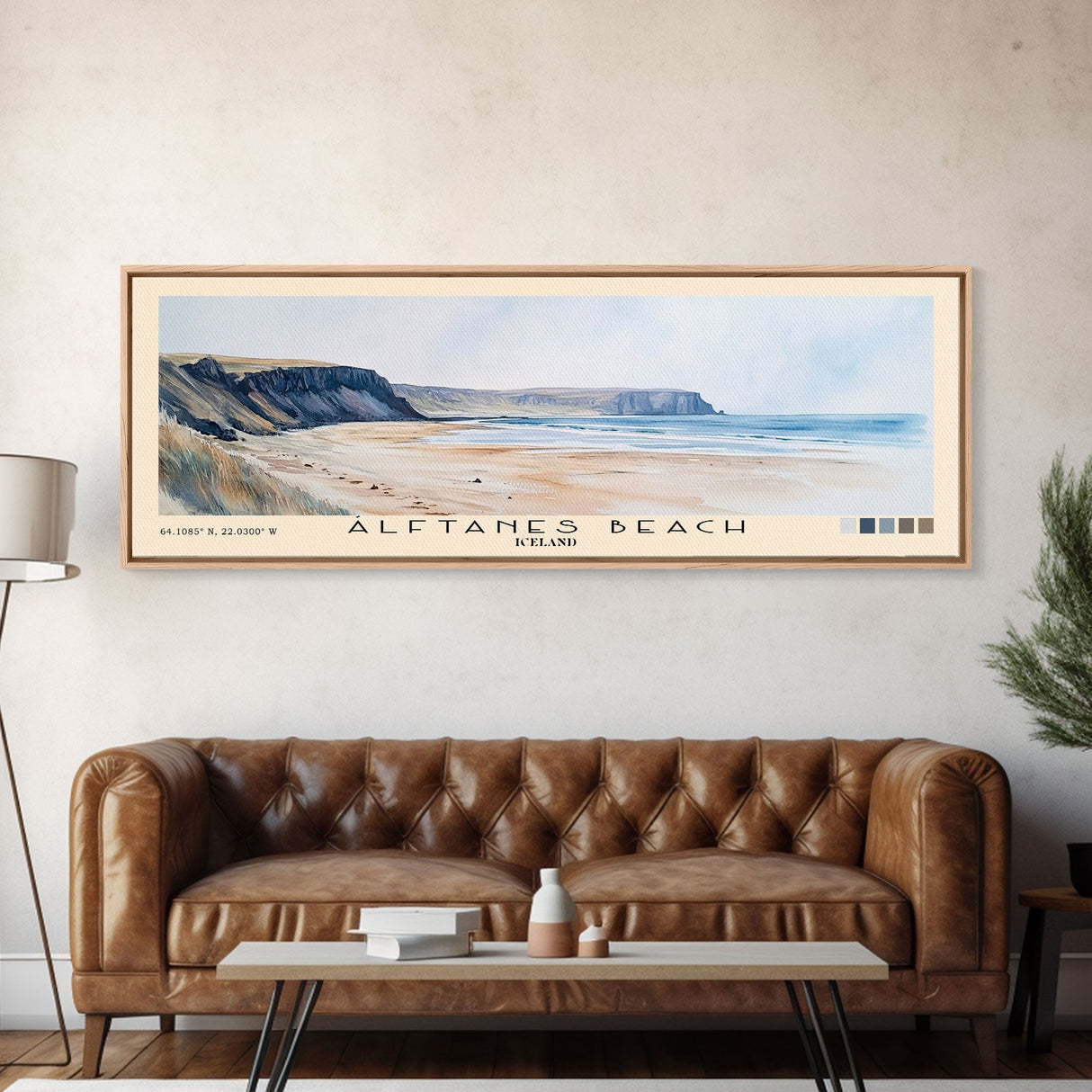 Álftanes Beach, Iceland Watercolor Print, Vacation Gift, Iceland Wall Art, Beach Painting, Beach Decor, Large Wall Art, Wood Frame Art