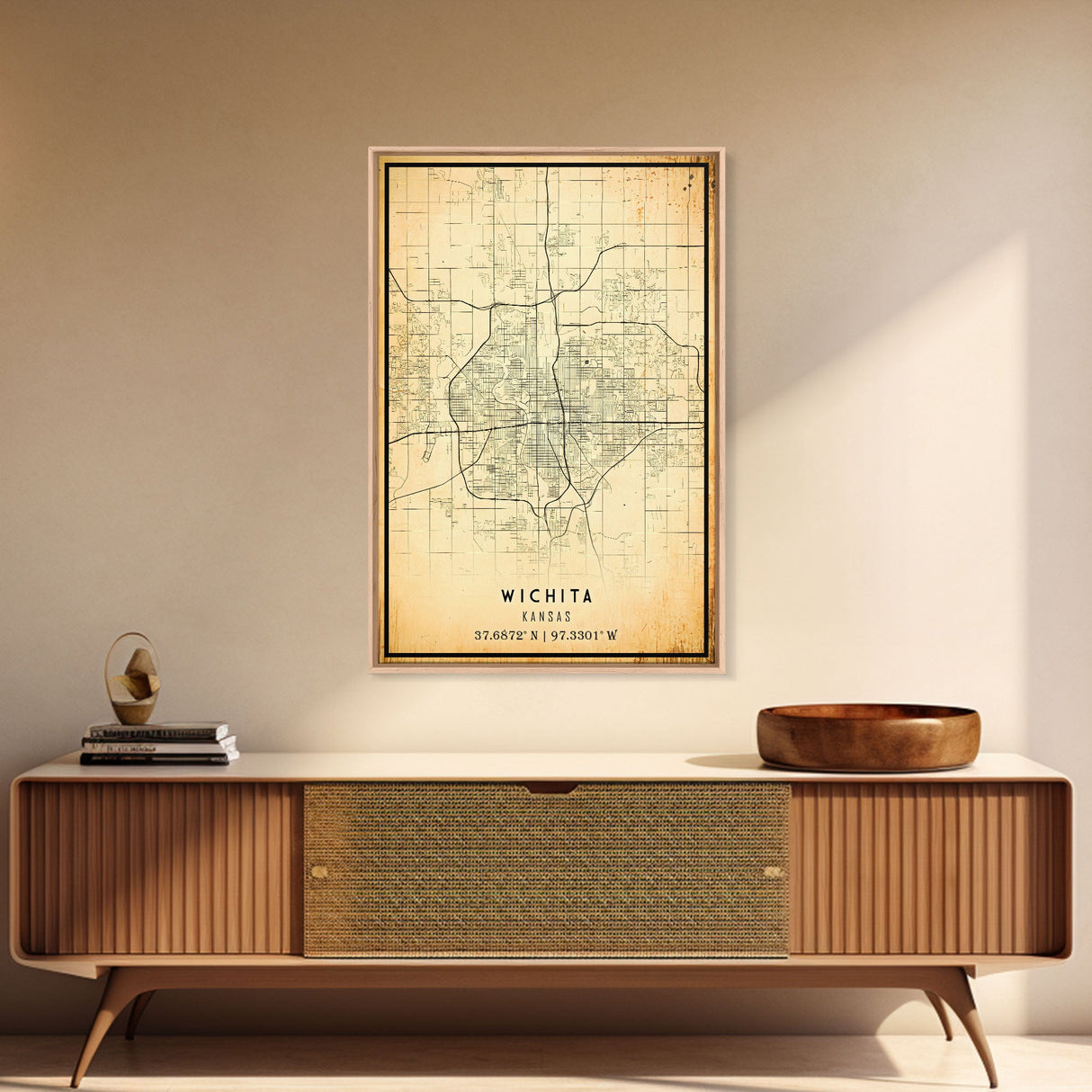 Vintage Wichita Kansas map print poster or framed canvas, Wichita map print poster canvas, Wichita city map print poster canvas, Travel Art