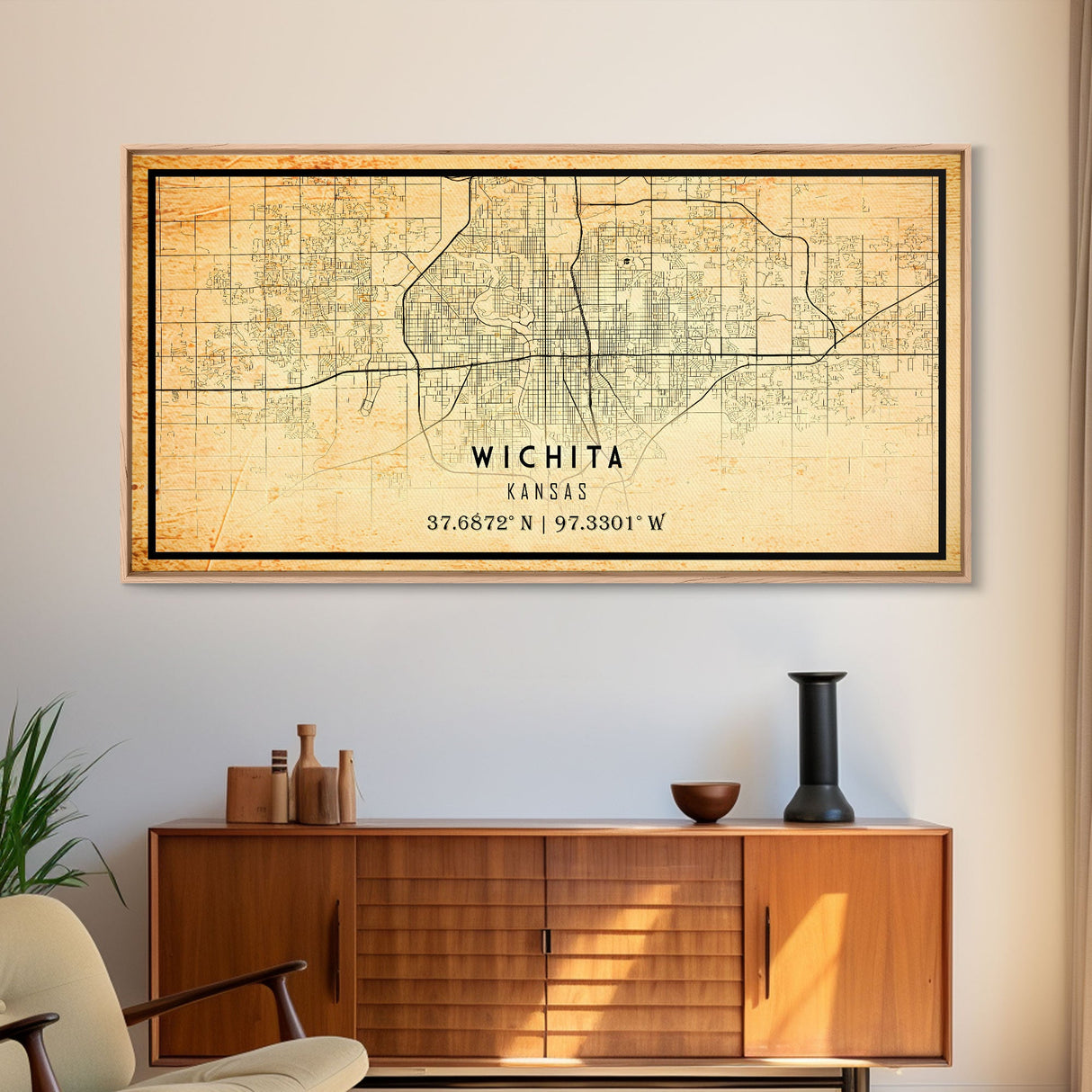 Vintage Wichita Kansas map print poster or framed canvas, Wichita map print poster canvas, Wichita city map print poster canvas, Travel Art