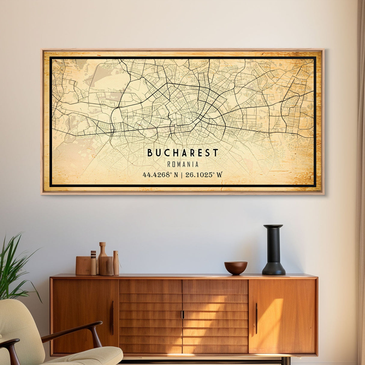 Panoramic Vintage Style Bucharest City Map Wall Art Canvas Print, Distressed Bucharest Map, Framed Art, Cool Travel Wall Art, Office Art