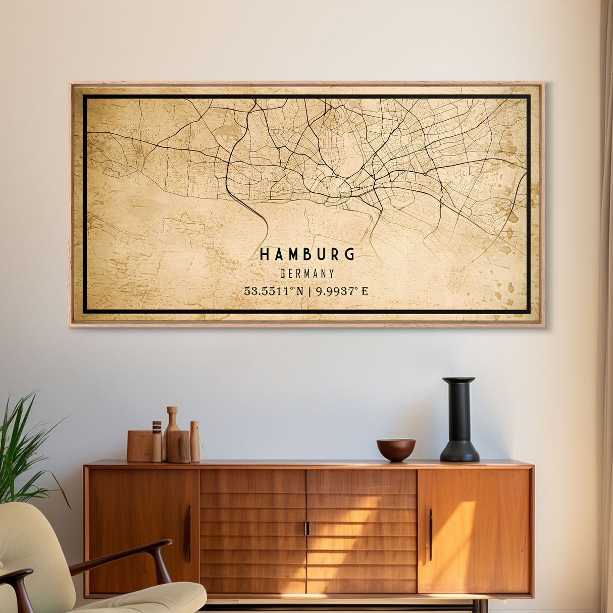 Panoramic Old Hamburg Germany City Map Wall Art Canvas Print, Vintage Style Hamburg Map, Framed Wall Art, Cool Hamburg Wall Art, Office Art