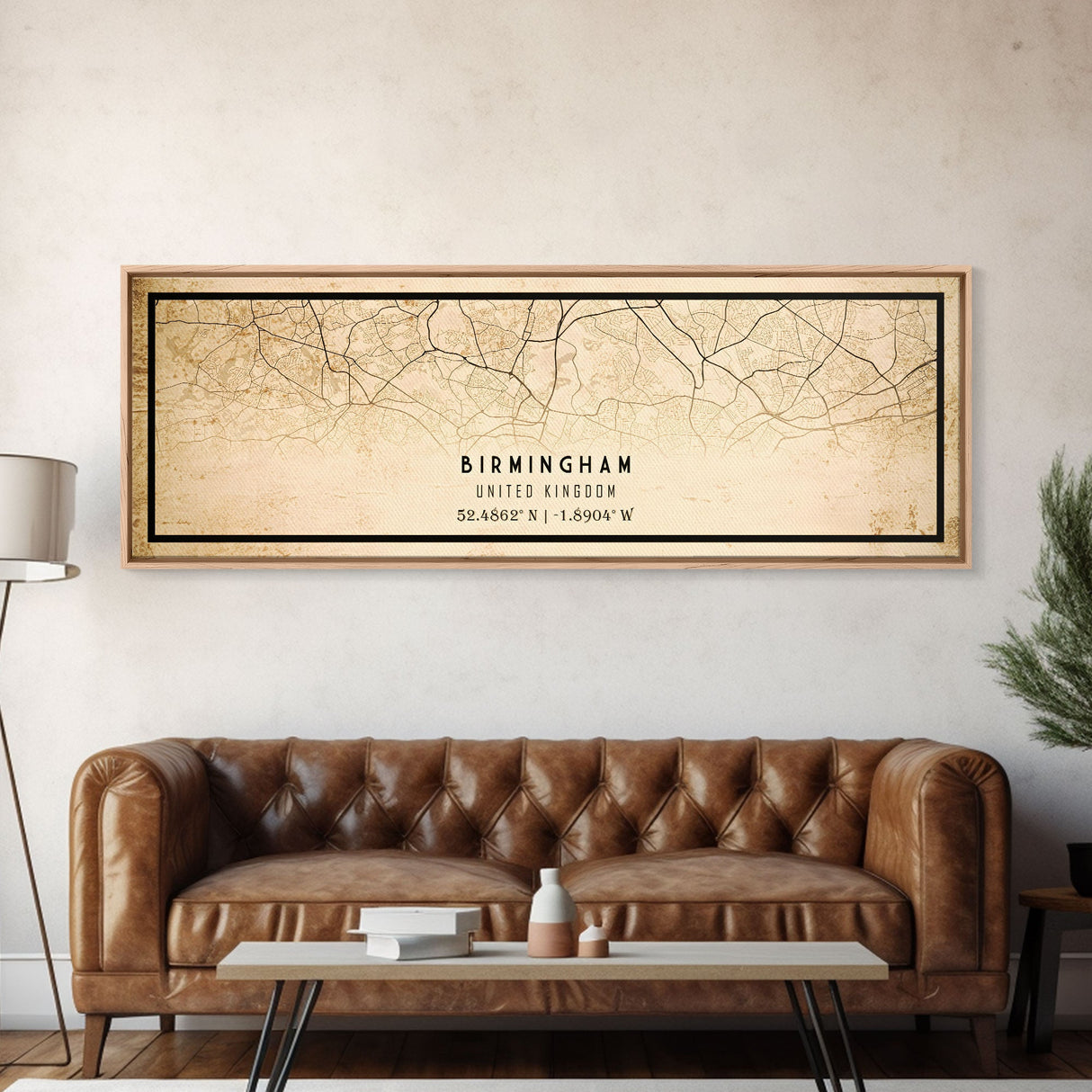 Panoramic Birmingham UK map print poster or framed canvas, map print poster canvas, UK city map print poster canvas, Vintage Travel Art