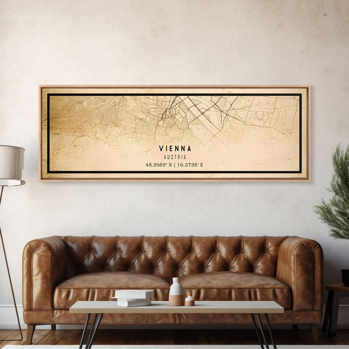 Vintage Panoramic Vienna City Map Wall Art Canvas Print, Distressed Style Austria Map, Framed Wall Art, Cool Travel Wall Art, Office Art