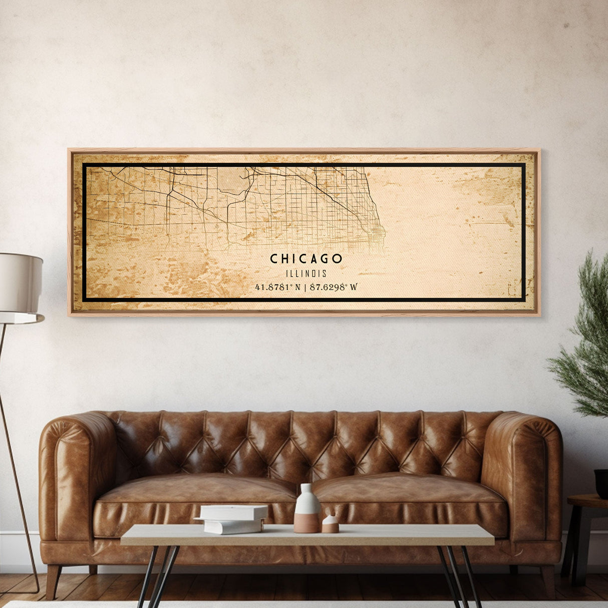 Distressed Panoramic Chicago map print poster or framed canvas, Illinois road map print poster canvas, Chicago city map print poster canvas