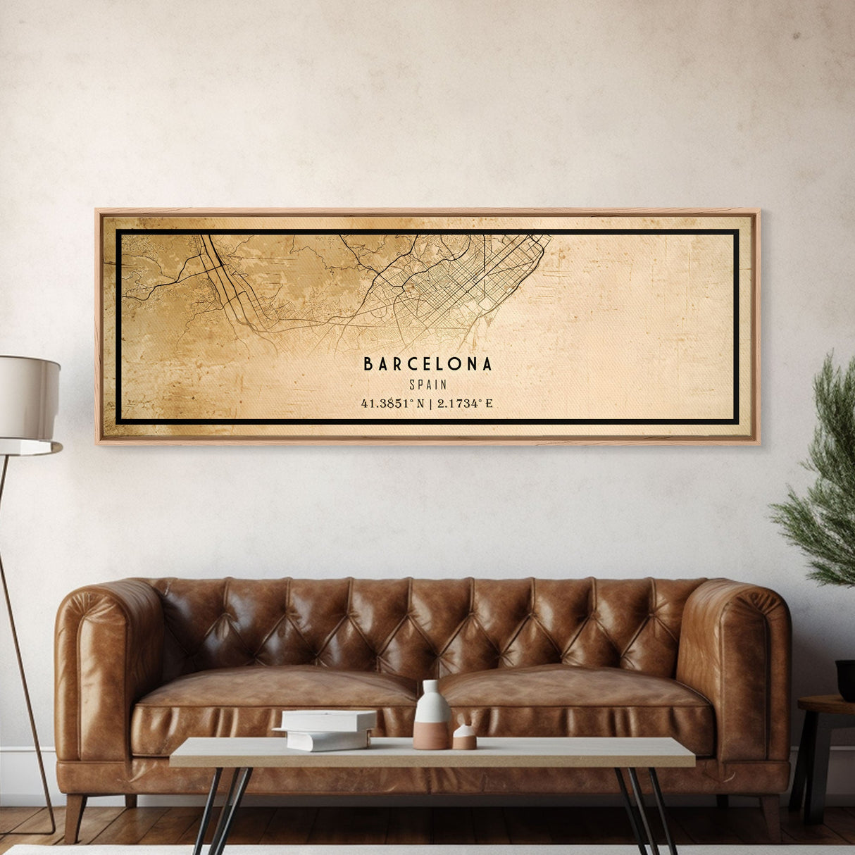 Panoramic Barcelona Spain map print poster or framed canvas, map print poster canvas, Spain city map print poster canvas, Vintage Travel Art