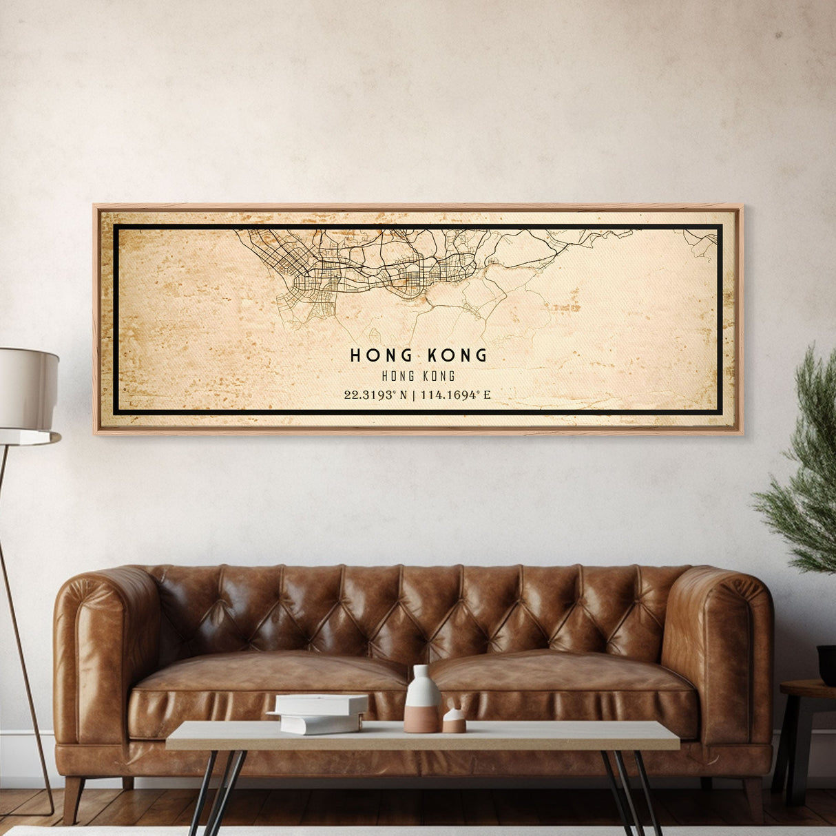 Vintage Panoramic Hong Kong City Map Wall Art Canvas Print, Distressed Hong Kong Map, Framed Wall Art, Cool Travel Wall Art, Office Art