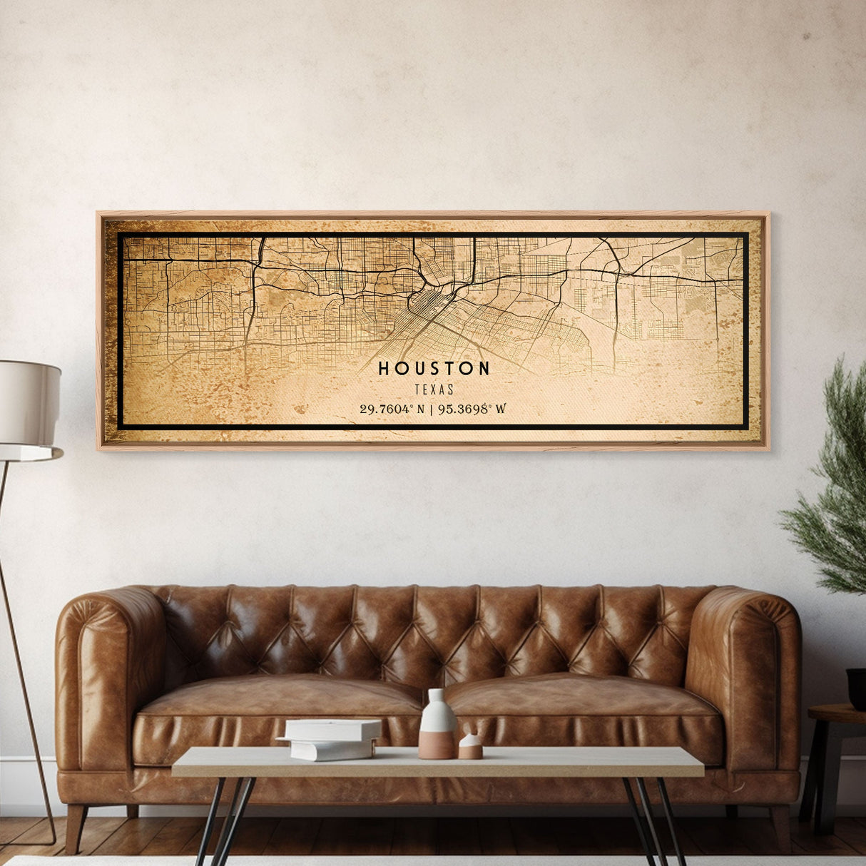 Panoramic Houston Vintage Map Print, Framed Canvas, Houston Map, Texas Map Art, Houston City Road Map Poster, Vintage Map