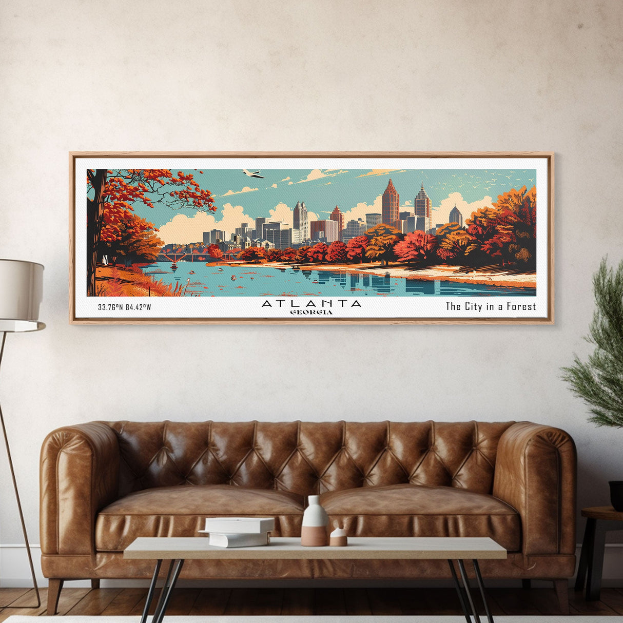 Atlanta Georgia Panoramic Painting, Mid Century Modern Framed Canvas Print, Retro Pop Art Travel Poster, Home Decor, City Wall Art