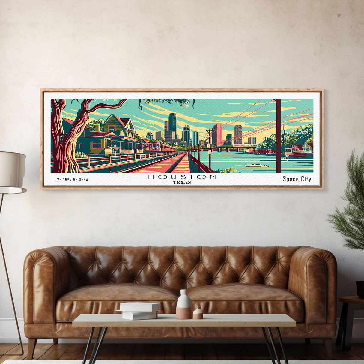 Houston Texas Panoramic Travel Poster Framed Canvas Print, Mid Century Modern Art, Pop Art Style, Wall Art, Living Room Decor, Home Decor, Retro Style Art