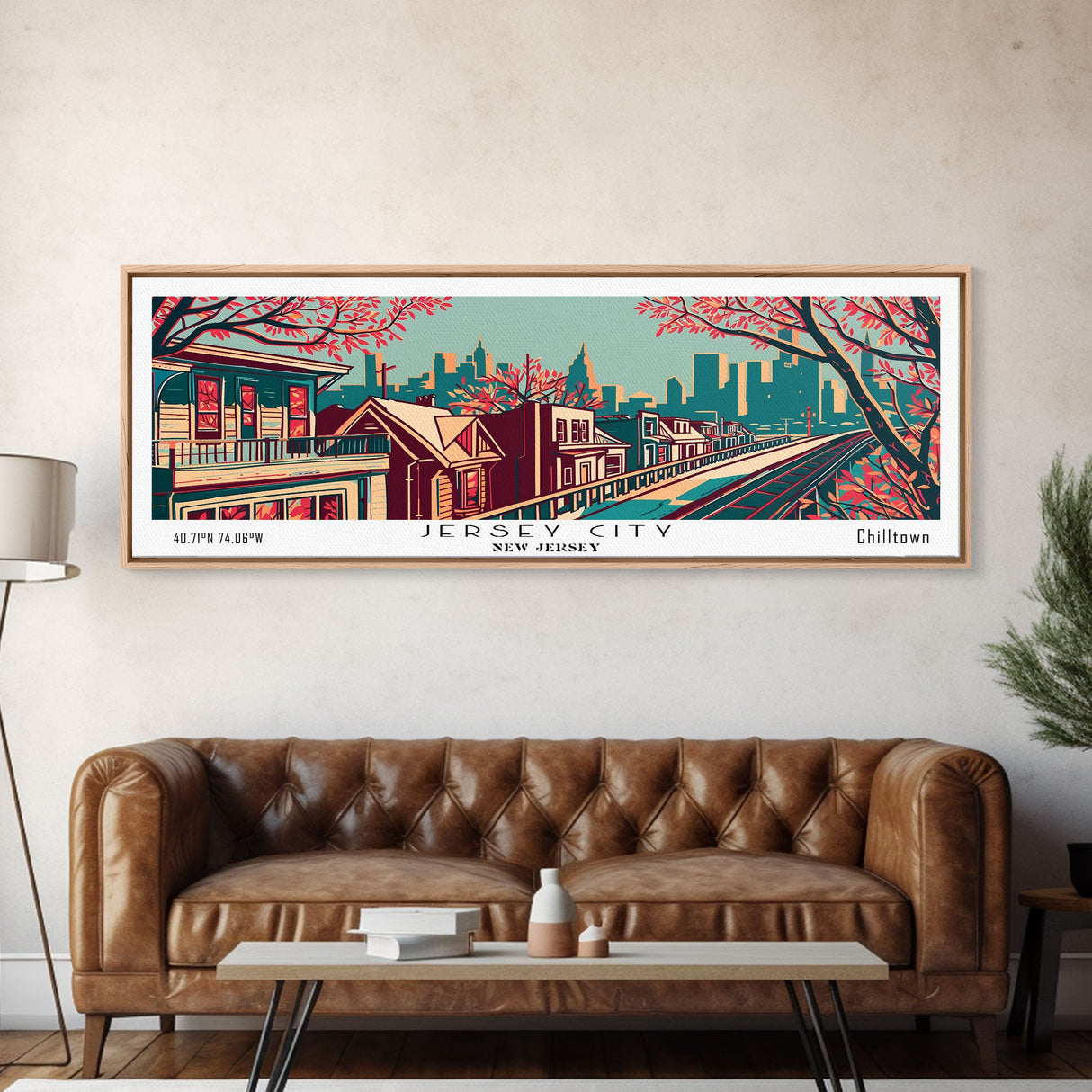 Jersey City New Jersey Panoramic Framed Canvas Print, Travel Poster, Mid Century Modern Art, Pop Art Style, Wall Decor, Office Art, Home Decor, Living Room Art