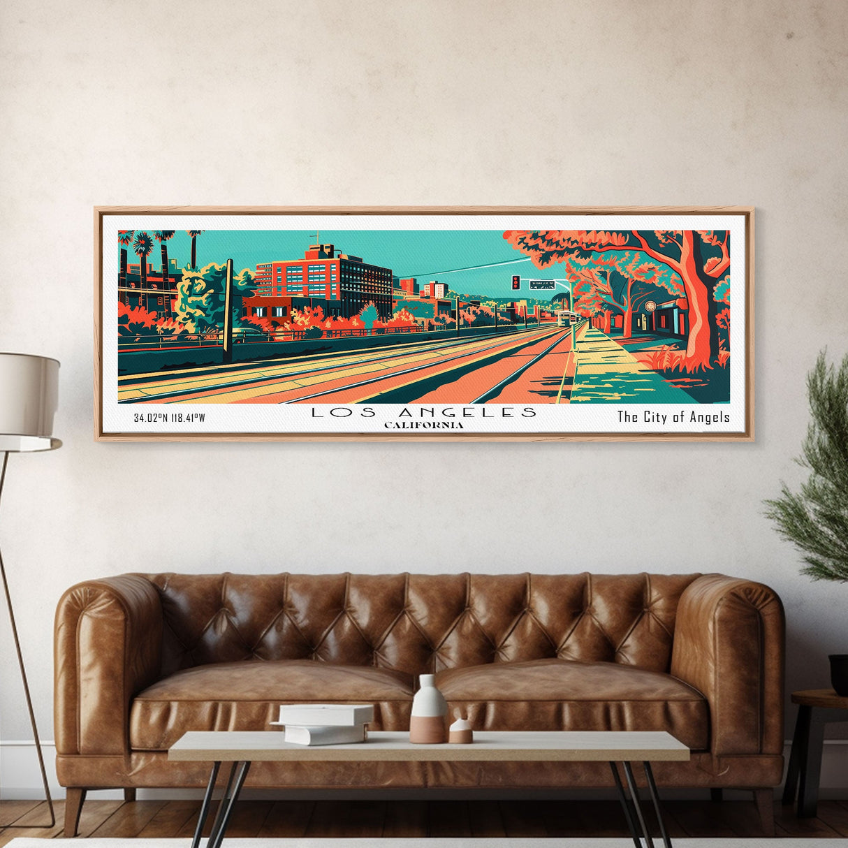 Los Angeles California Panoramic Wall Art Framed Canvas Print, Travel Poster, Mid Century Modern Art, Pop Art Style, Home Decor, Living Room Art