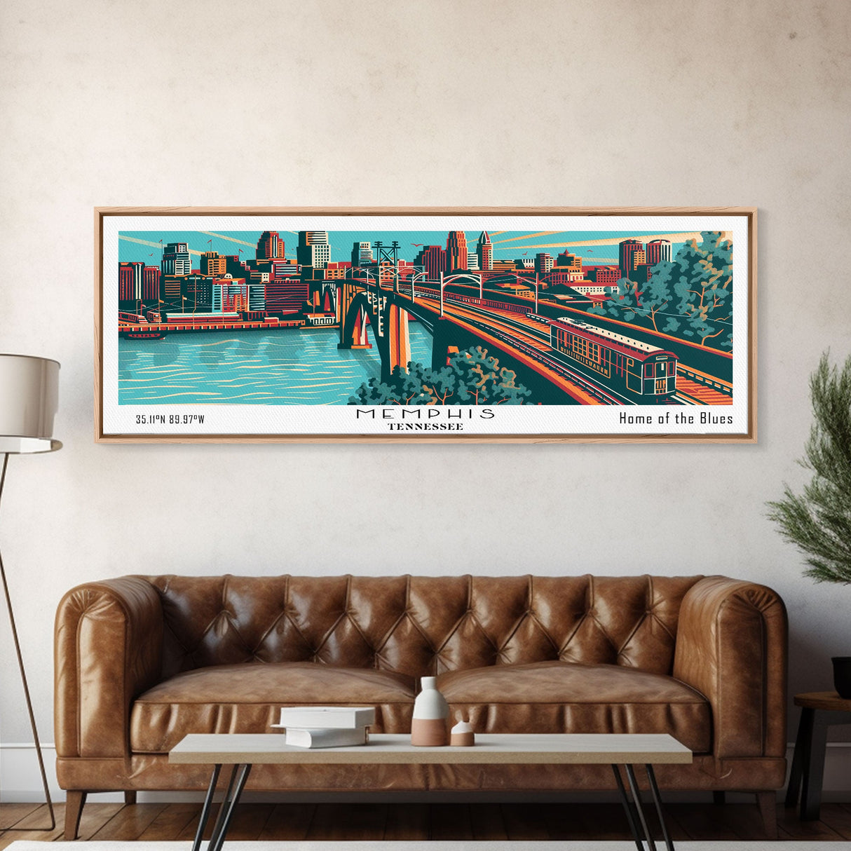 Memphis Tennessee Panoramic Painting Framed Canvas Print, Travel Poster, Mid Century Modern Art, Pop Art Style, Wall Decor, Retro Style Art