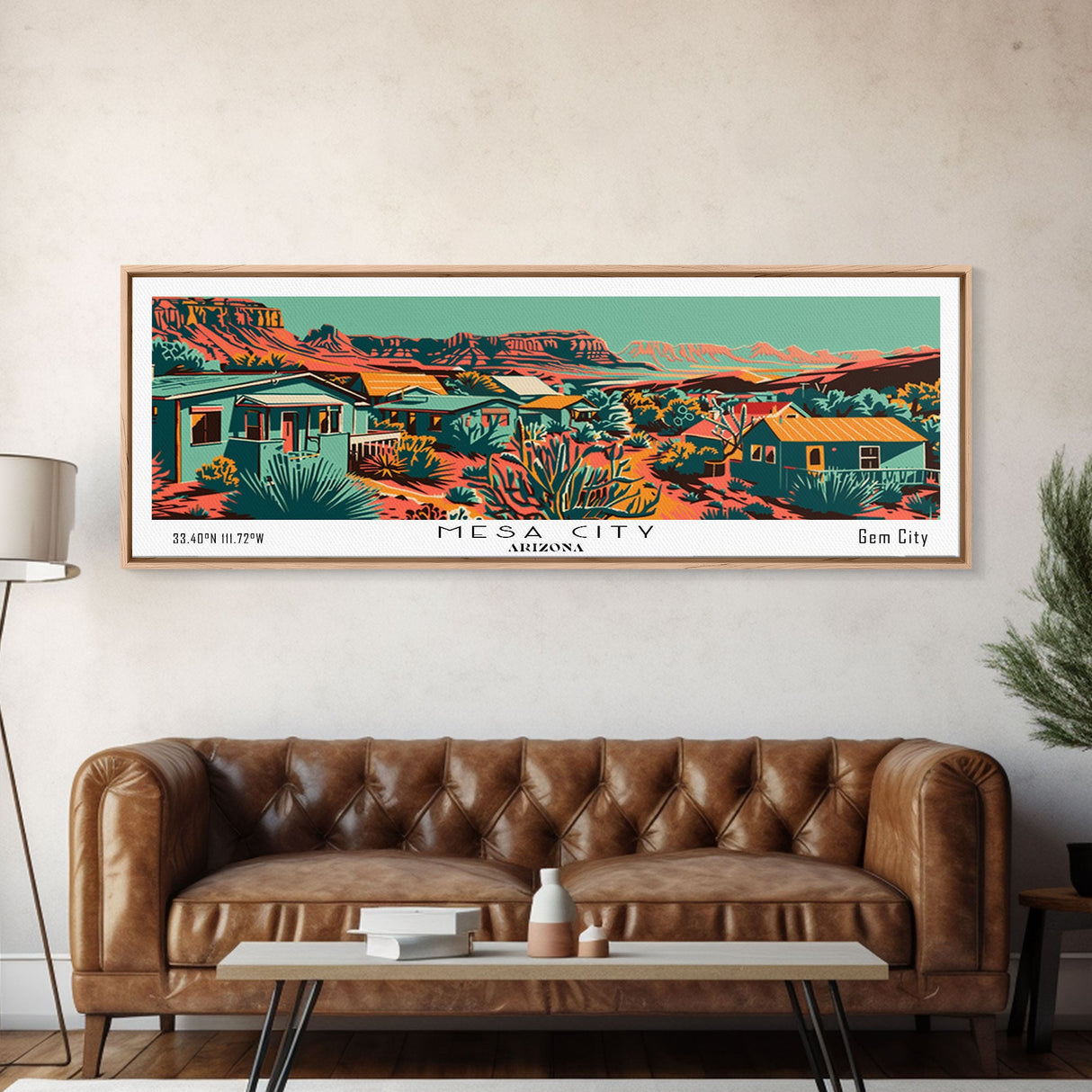 Mesa Arizona Panoramic Travel Poster Framed Canvas Print, Mid Century Modern Art, Pop Art Style, Wall Art, Home Decor, Office Wall Art