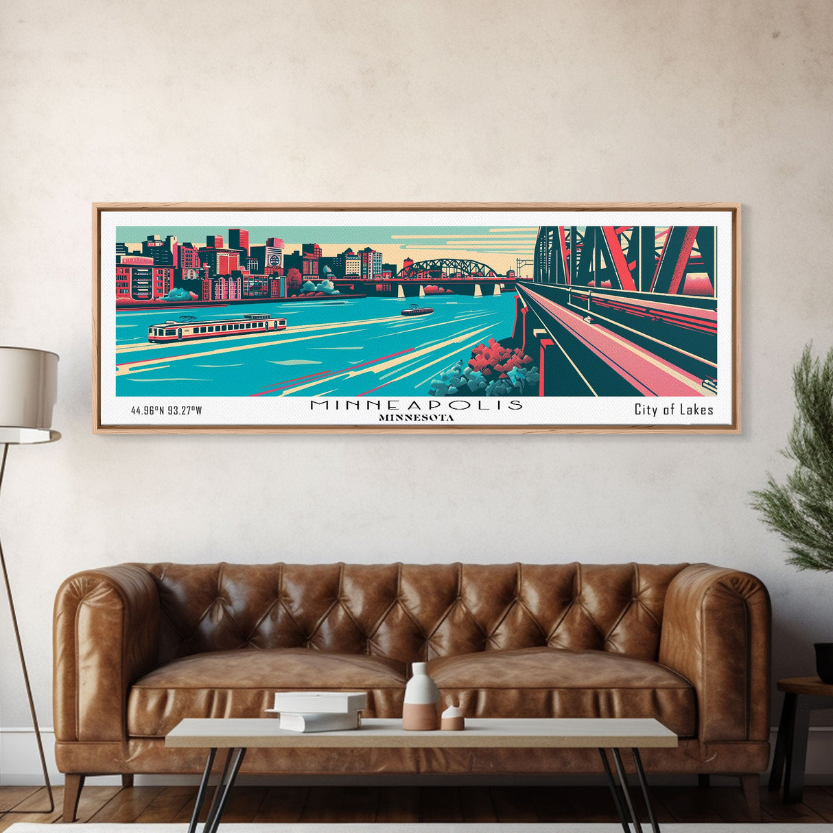 Minneapolis Minnesota Panoramic Wall Art Framed Canvas Print, Travel Poster, Mid Century Modern Art, Pop Art Style, Home Decor, Office Art