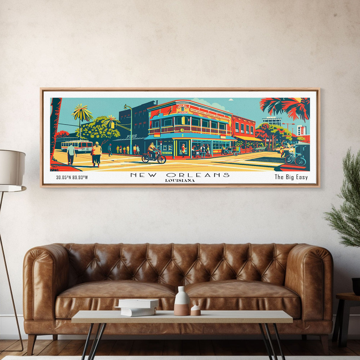 New Orleans Louisiana Panoramic Travel Poster Framed Canvas Print, Mid Century Modern Art, Pop Art Style, Wall Art, Home Decor, Retro Style Art