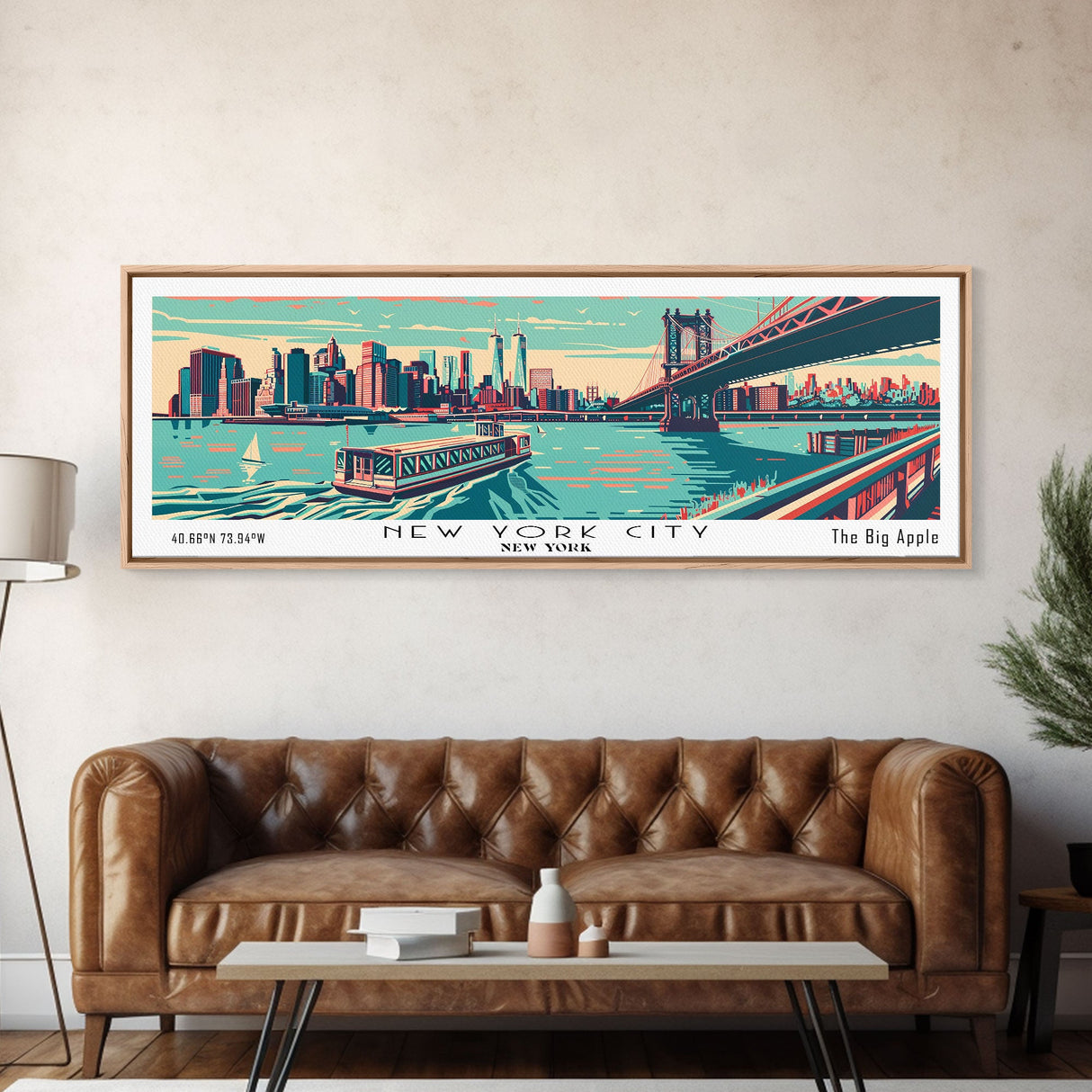 New York New York Panoramic Wall Art Framed Canvas Print, Travel Poster, Mid Century Modern Art, Pop Art Style, Wall Decor, Office Wall Art