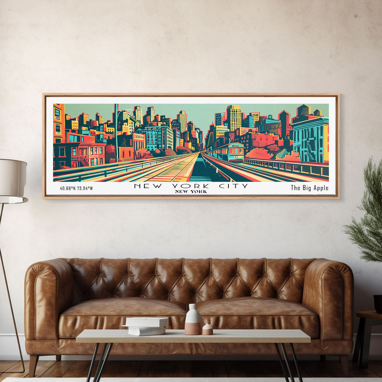 New York New York Panoramic Wall Art Framed Canvas Print, Travel Poster, Mid Century Modern Art, Pop Art Style, Wall Decor, Office Wall Art