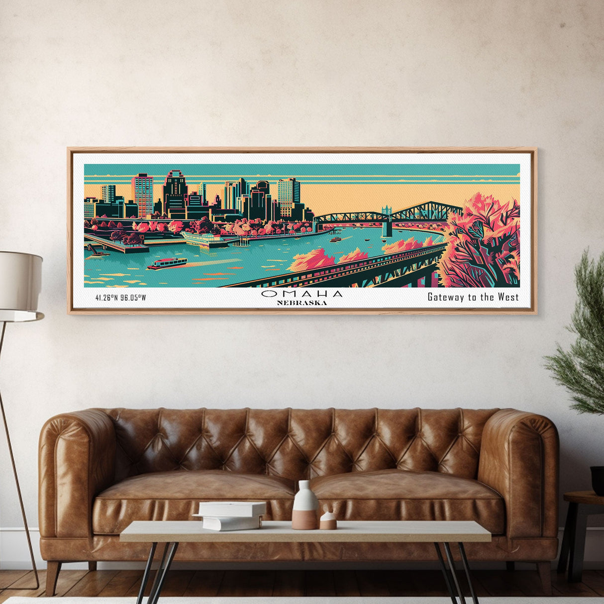 Omaha Nebraska Panoramic Painting Framed Canvas Print, Travel Poster, Mid Century Modern Art, Pop Art Style, Wall Art, Home Decor